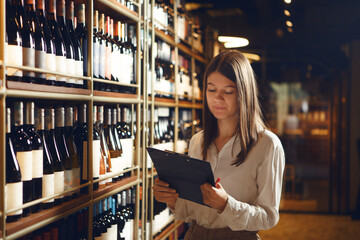 Professional business woman sommelier making notes on tablet during residing in wine cellar....
