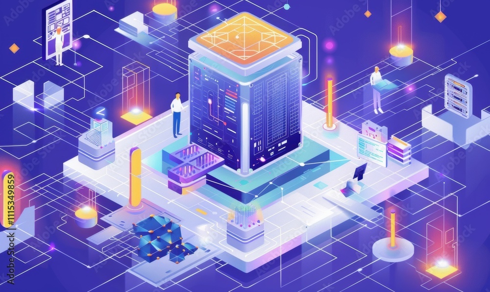 Poster a futuristic digital environment showcasing a central server and data flow.