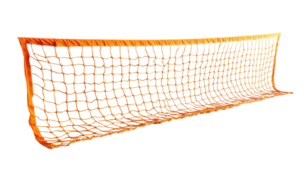 An orange sports net used for games like tennis or badminton, designed to divide the playing area.