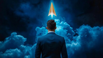 Man in Suit Gazes at Paper Airplane Symbolizing Ambition and Dreams Against a Dramatic Cloudy Night Sky