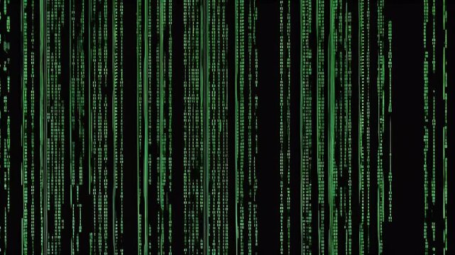 Abstract digital matrix background with green binary codes on a black backdrop.