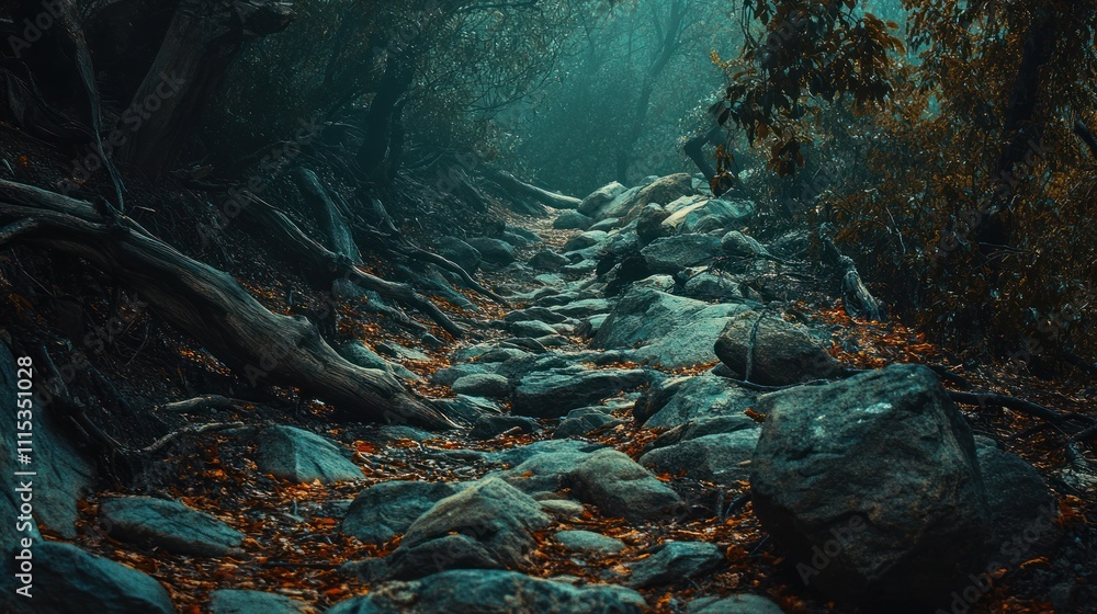 Poster mysterious forest path with exposed tree roots and rocks.