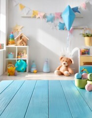 A colorful and cheerful children’s playroom with pastel decorations, soft lighting, playful toys, and festive elements that create a joyful and imaginative atmosphere