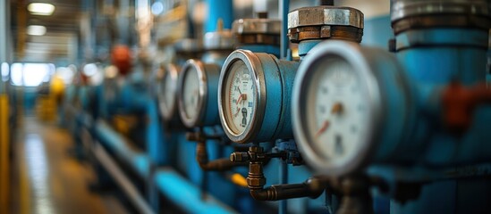 Close up of pressure gauges in industrial factory.