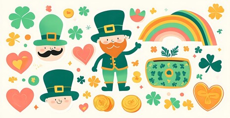 Fototapeta premium St. Patrick's Day sticker sheet featuring leprechauns and rainbows, the Irish flag, green hats