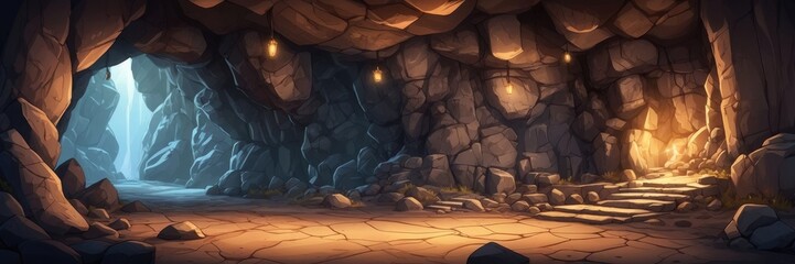 Old cartoon style mine with fantasy dark scene with stones and sunlight from a ceiling