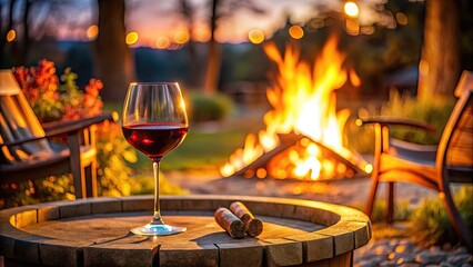 Cozy evening scene with a glass of red wine next to a flickering fire pit, relaxing, night time, warm, ambiance