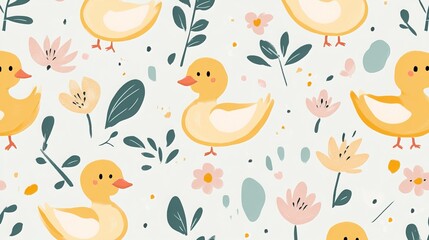 Adorable seamless baby pattern filled with joy, peace, and love. This creative texture featuring charming ducks is perfect for adding a touch of whimsy to fabrics, wrapping paper, textiles