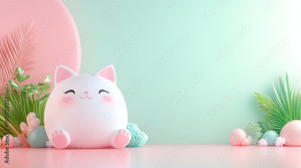 Poster cute 3d cat model on colorful background with empty copy space