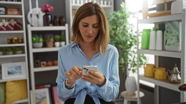 Woman celebrating with closed fist while using smartphone in home decor store featuring indoor greenery and various decor items on shelves