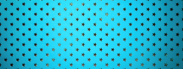 Blue background from foil paper with silver stars pattern and vignette, macro. Turquoise metallized wrapping paper