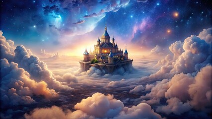 Fototapeta premium Mystical palace floating among cosmic clouds, mystical, palace, floating, cosmic, clouds, fantasy, dreamy