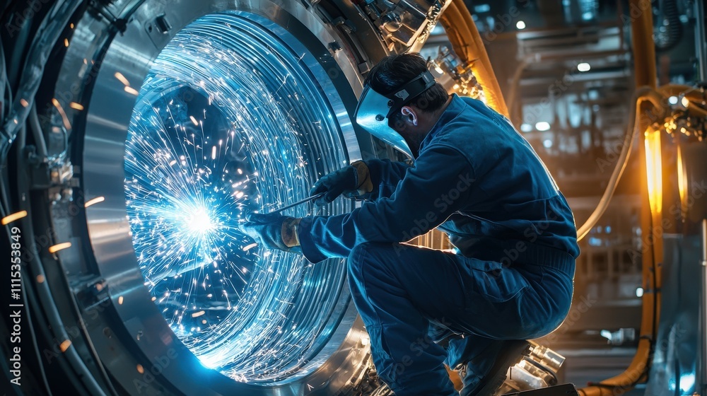Poster interior shot of a welder crouched inside a large technology neon pipe, the arc of the welding torch