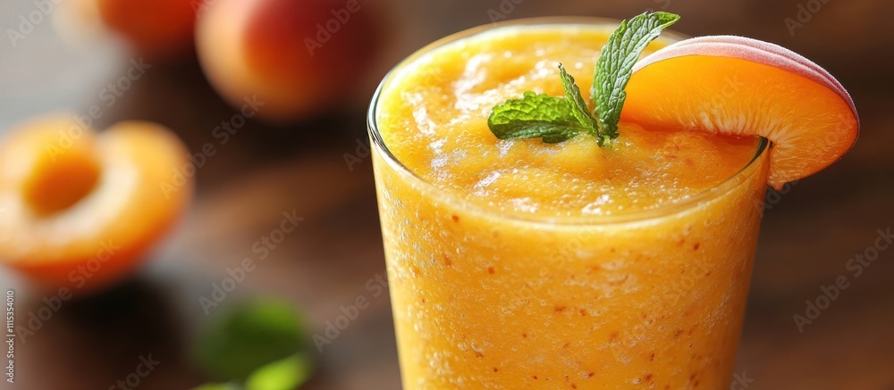 Poster closeup of a refreshing apricot smoothie garnished with a slice of apricot and a sprig of mint.