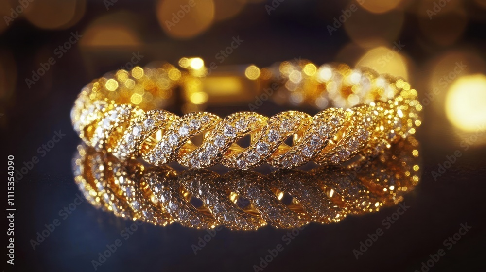 Poster Gold bracelet with sparkling diamonds, reflected on a dark surface with bokeh lights.