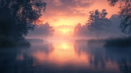 Obraz premium Misty Sunset Over a Calm River With Silhouetted Trees