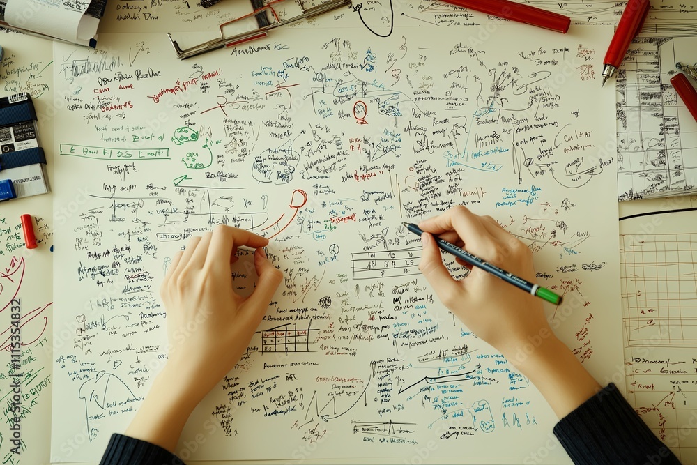 Aufkleber hands writing on a large paper canvas filled with diagrams and ideas