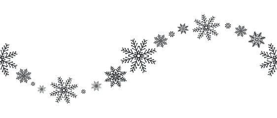 Snowflakes waves seamless border. Vector graphic illustration for Christmas or New Year festive design. Ice stars for winter holiday background. Festive template for card, wallpaper, wrapping, fabric