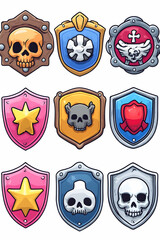 Obraz premium Nine cartoon shields with skull, star, and cross designs.
