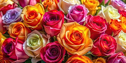 Naklejka premium Close-up of a vibrant bouquet of roses in various colors including red, pink