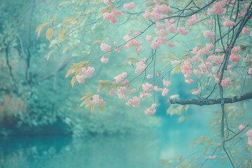 Delicate spring landscape with blooming cherry trees in a quiet park, sakura branches against the background 