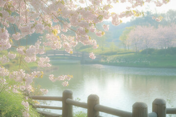 Delicate spring landscape with blooming cherry trees in a quiet park, sakura branches against the background of lake water