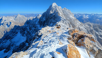 Panoramic view of snow-capped mountain peak, rocky ridge, and distant mountain range under a clear blue sky.
