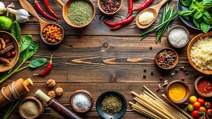Colorful mix of Asian ingredients on a wooden table with various cooking utensils , asain market, exotic fruits