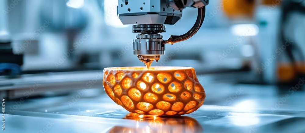 Poster close-up of a 3d printer printing a lattice-shaped object.