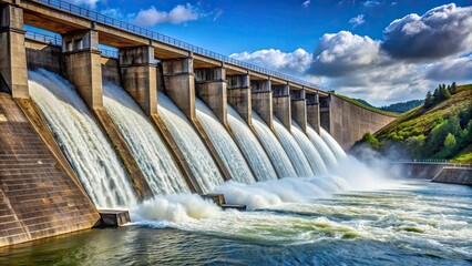 Water cascades down a dam into a reservoir at a hydroelectric power station, water