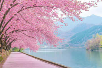 Colorful spring landscape with blooming cherry blossom trees in a serene park setting during bright daylight hours