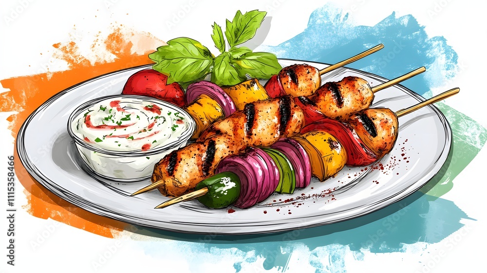Poster a plate of chicken skewers with grilled vegetables and a yogurt dip, set against a colorful backgrou