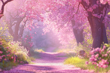 Park path with blooming pink trees, spring photo of blooming sakura in the garden