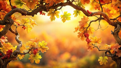 Fototapeta premium Autumn Vine Entwined with Oak Branches, falling leaves, autumn vines, oak branches, forest foliage