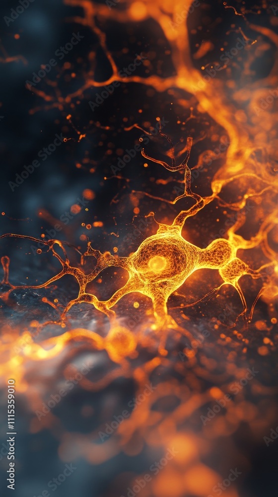 Poster abstract neural network with glowing orange neurons and synapses, digital art concept