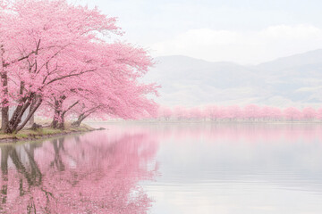 Colorful spring landscape with blooming cherry blossom trees in a serene park setting during bright daylight hours
