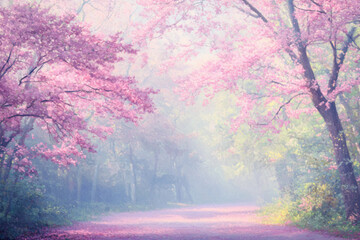 Colorful spring landscape with blooming cherry blossom trees in a serene park setting during bright daylight hours