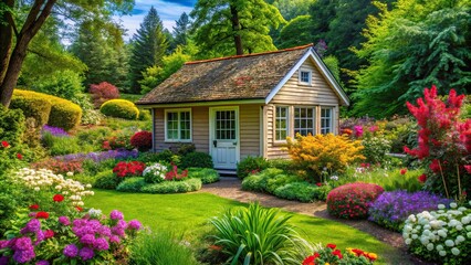 Tiny cottage nestled in a lush green garden amidst vibrant flowers and trees, tiny cottage, miniature house