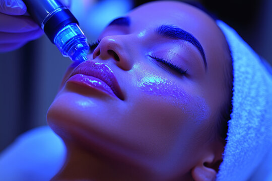 Professional performing BB Glow microneedling facial treatment with advanced equipment in modern medical spa