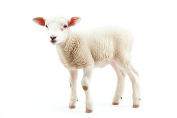 Fototapeta premium A Young Lamb Stands Against A White Background