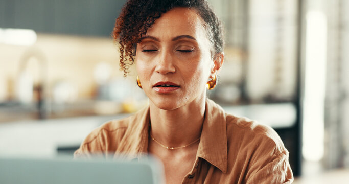 Woman, tired and stress in home office for deadline, technical glitch or software malfunction. Female person, frustrated and anxiety as freelance copywriter in digital agency, remote work and project