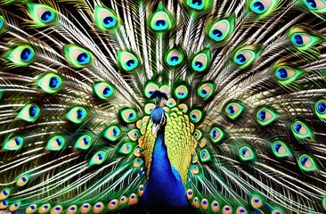 Obraz premium The peacock has spread its tail. The bird has beautiful plumage.