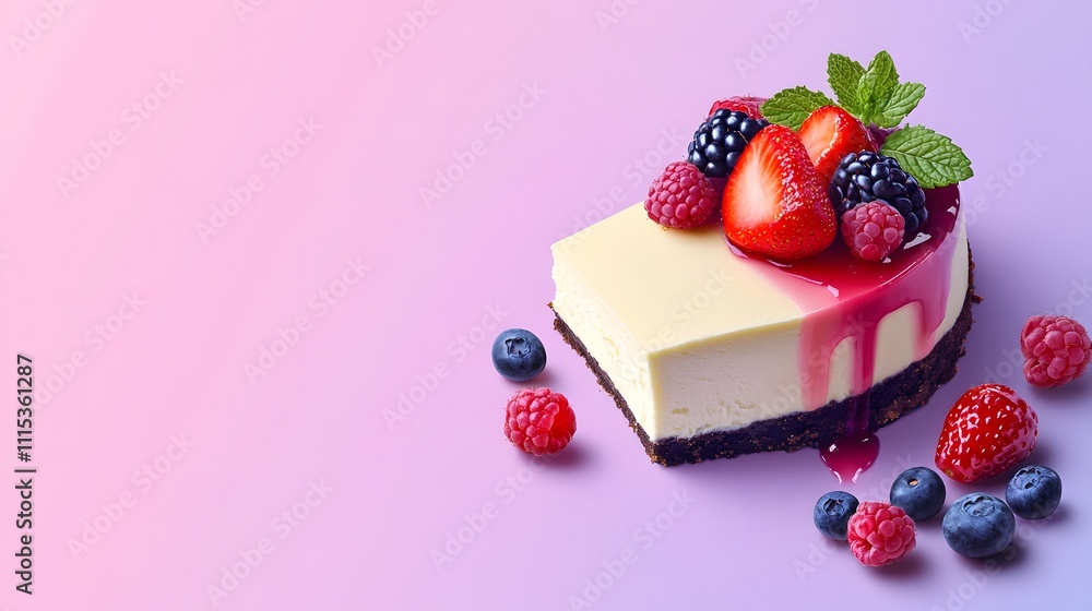 Poster a slice of creamy cheesecake topped with fresh berries and mint, placed on a soft gradient backgroun