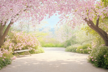 Colorful spring landscape with blooming cherry blossom trees in a serene park setting during bright daylight hours