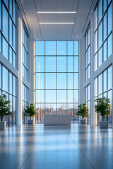 Modern office lobby with large windows and plants.