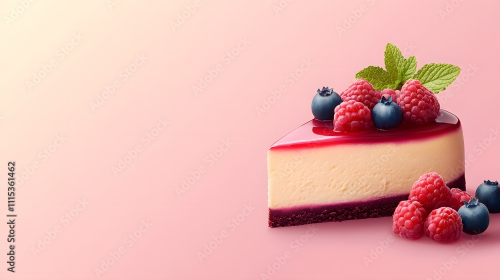 Poster a slice of creamy cheesecake topped with fresh berries and mint, placed on a soft gradient backgroun