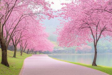 Colorful spring landscape with blooming cherry blossom trees in a serene park setting during bright daylight hours