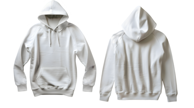 white hoodie sweater photo with front and back view isolated on wooden wall background isolated on a transparent background