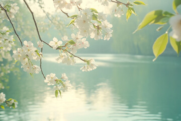 Beautiful cherry blossoms bloom against a serene blue background in springtime