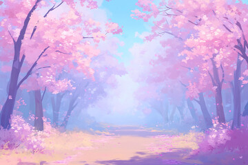 Colorful spring landscape with blooming cherry blossom trees in a serene park setting during bright daylight hours